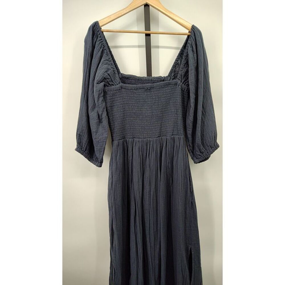 Quince Womens 100% Organic Cotton Gauze Smocked Square Neck Midi Dress Blue M - Picture 2 of 2